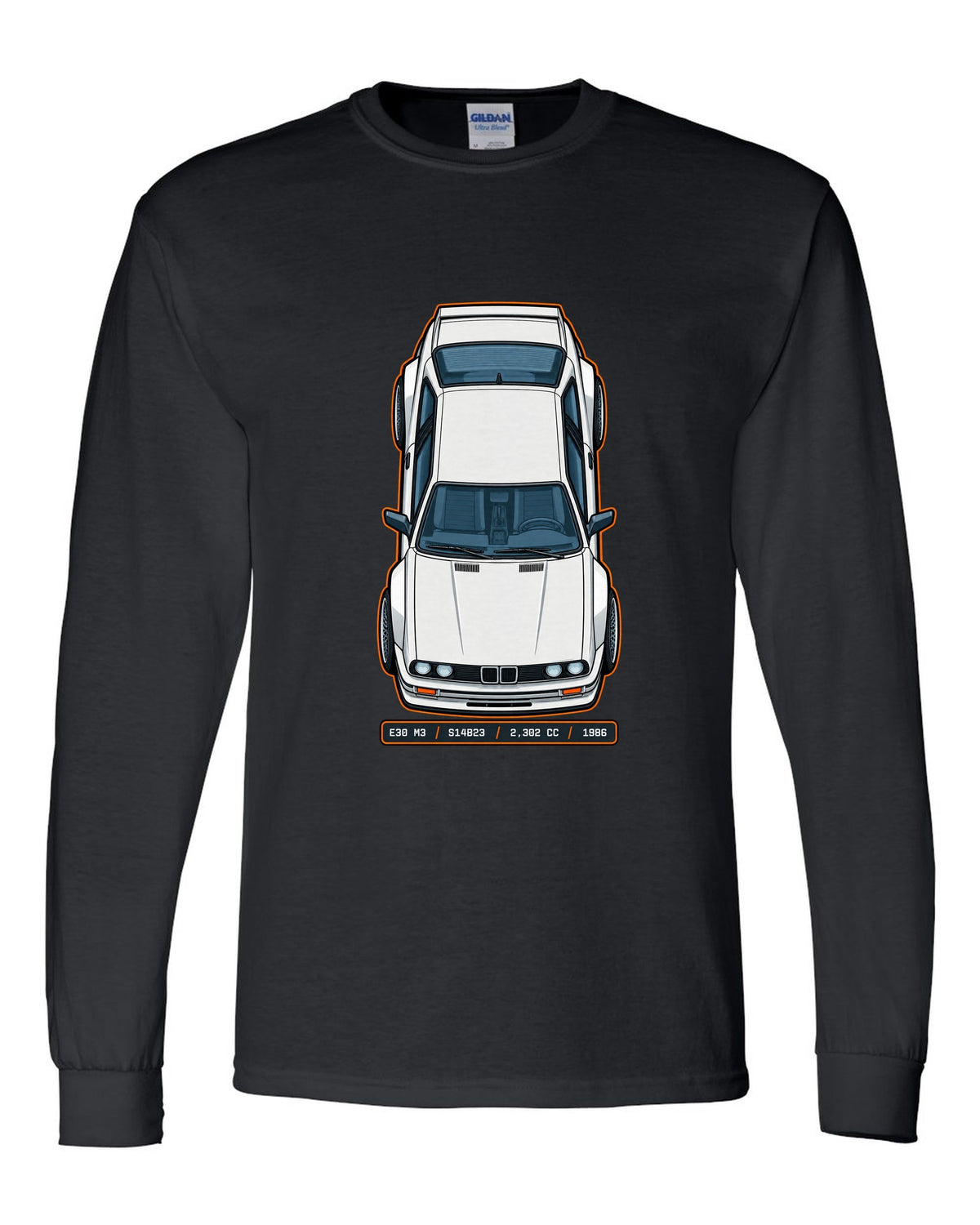 Top view spec sheet print of a BMW E30 M3 with S14B23 2,302 cc 1986 data plate text black long sleeve front view with the design