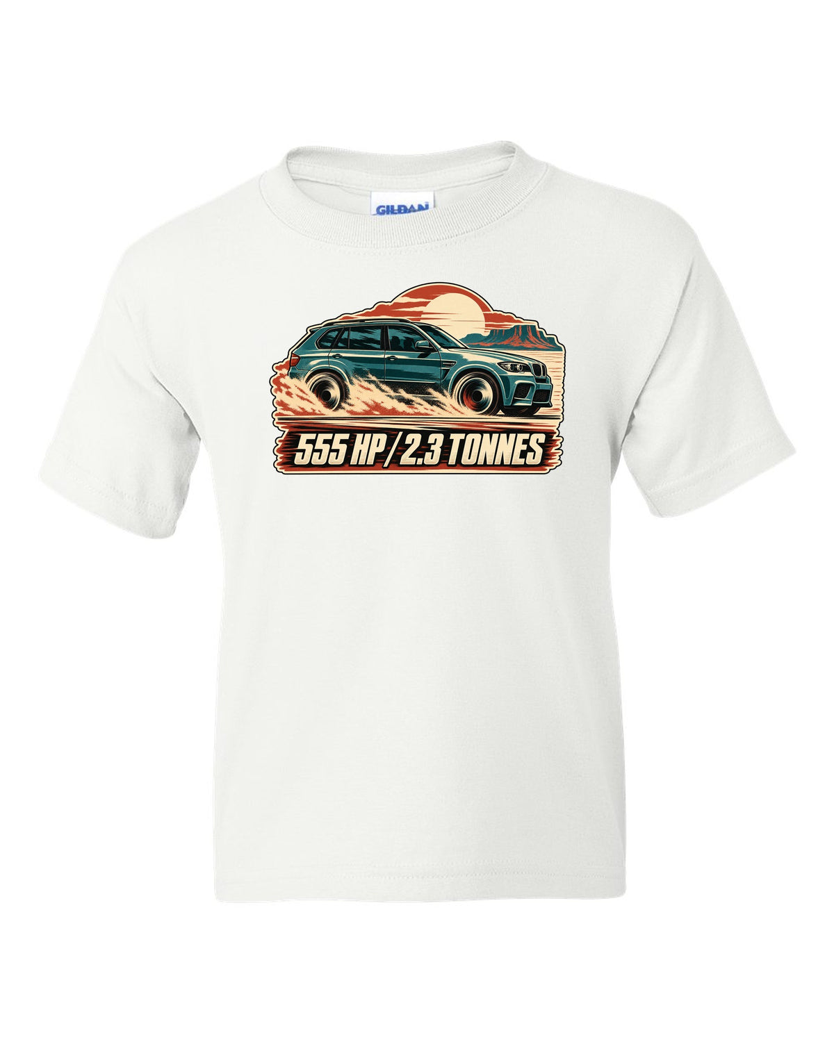 Vintage race poster print of a BMW X5 M E70 with 555 HP lettering white kids tee front view with the design