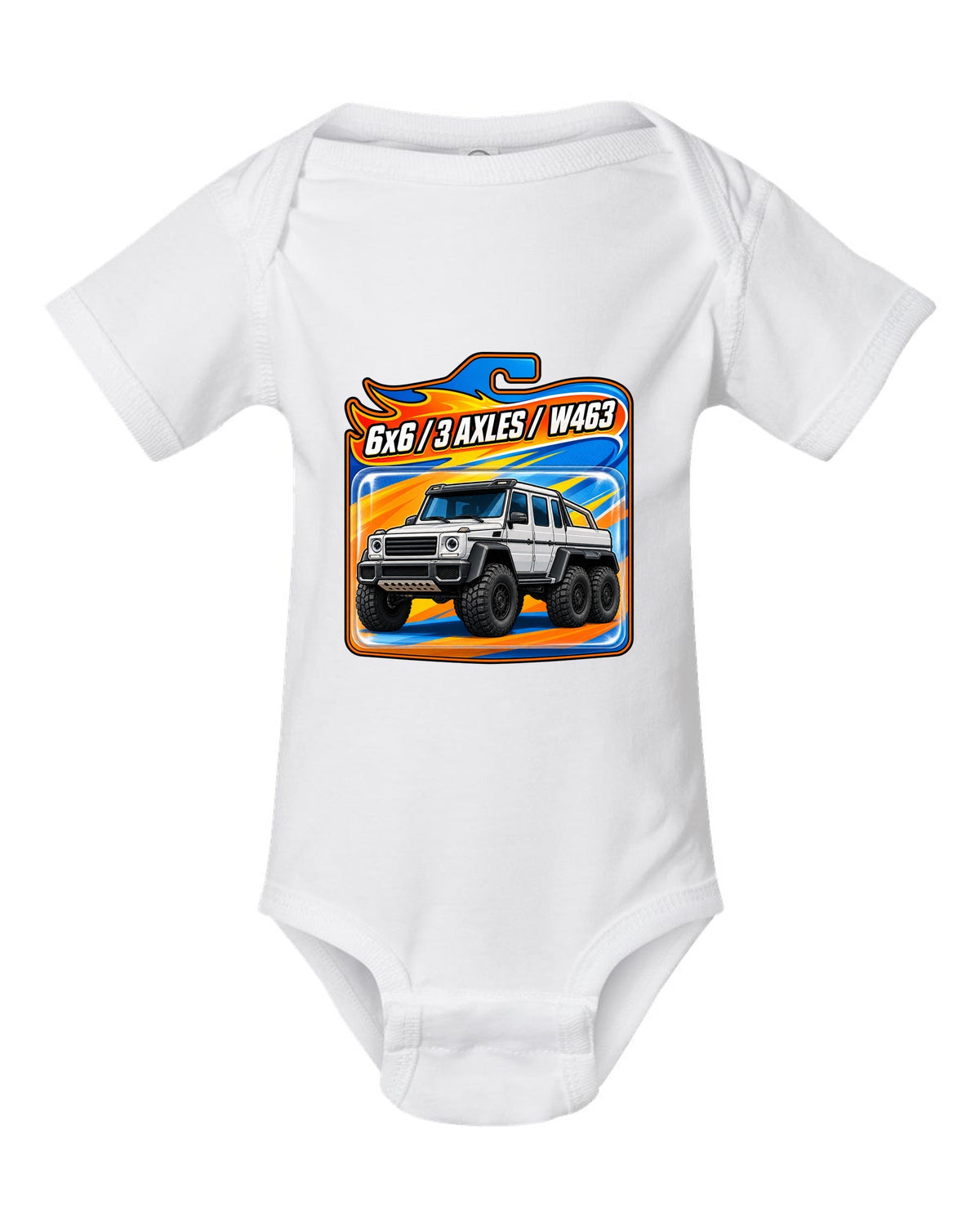 Toy blister card graphic of a Mercedes G63 6x6 W463 with three axles, print white baby onesie front view with the design