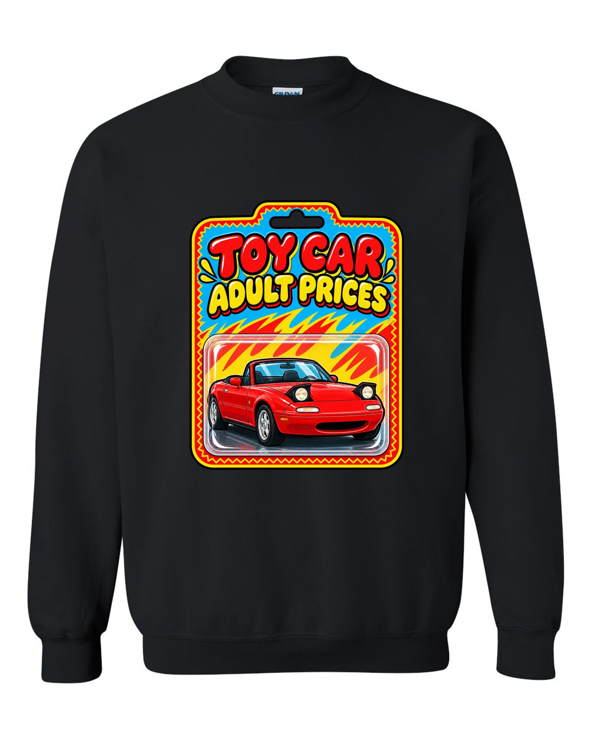 Toy car blister card style illustration of a Mazda MX-5 NA with adult prices text black crewneck front view with the design
