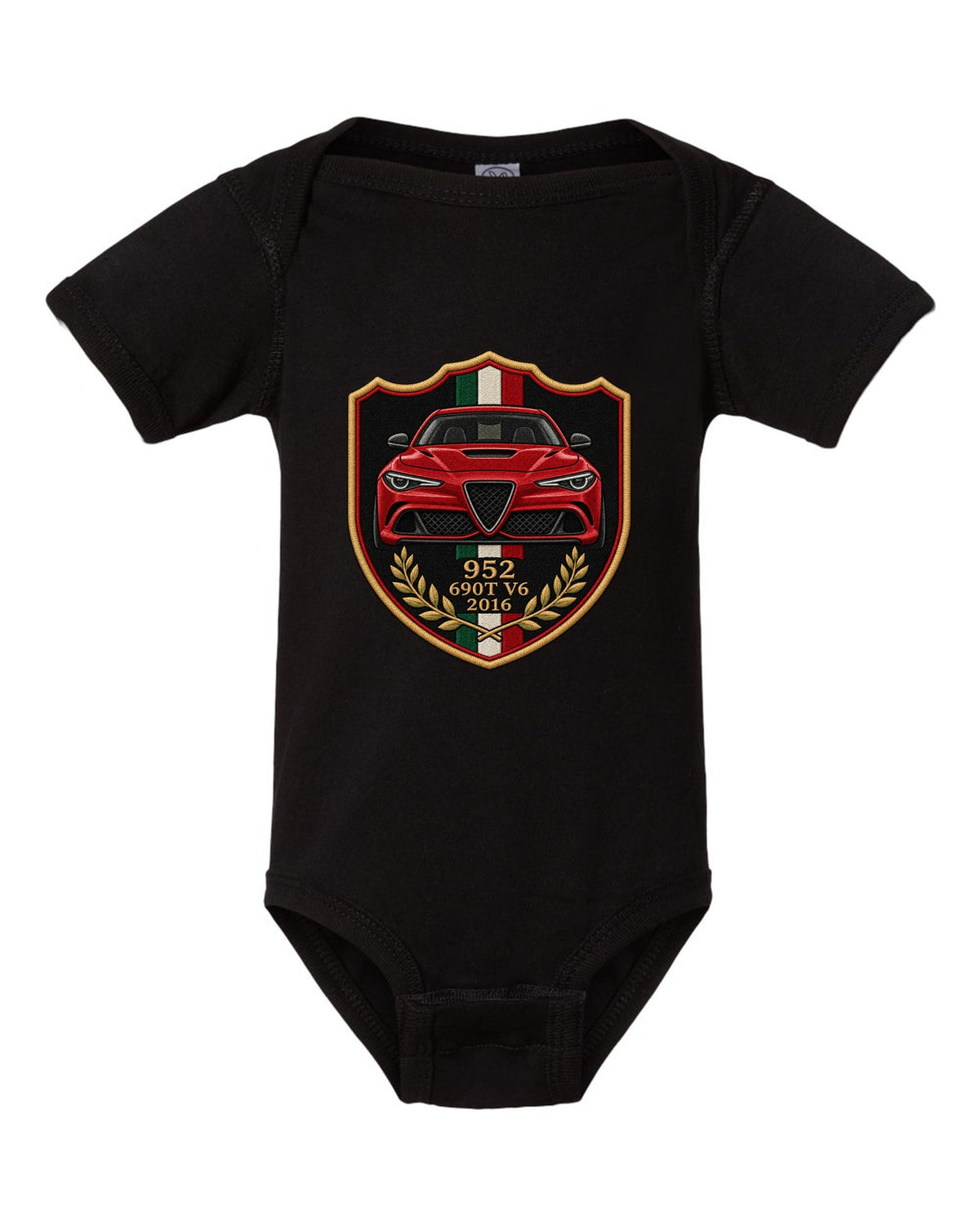 Embroidery style varsity crest for an Alfa Romeo Giulia Quadrifoglio 952 with 690T V6 and 2016 black baby onesie front view with the design