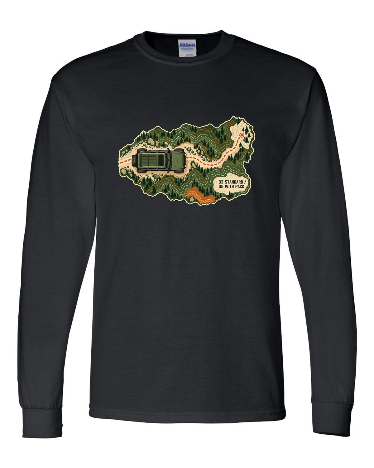 Topographic route map art of a 2021 Ford Bronco 4-door Badlands with 33 STANDARD 35 WITH PACK notes black long sleeve front view with the design