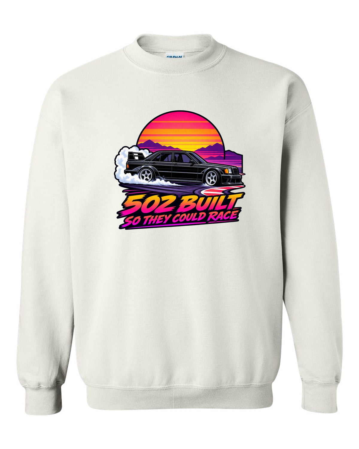 Flat vector eighties sunset gradient print of a Mercedes-Benz 190E Evo II W201 sliding through a chicane white crewneck front view with the design