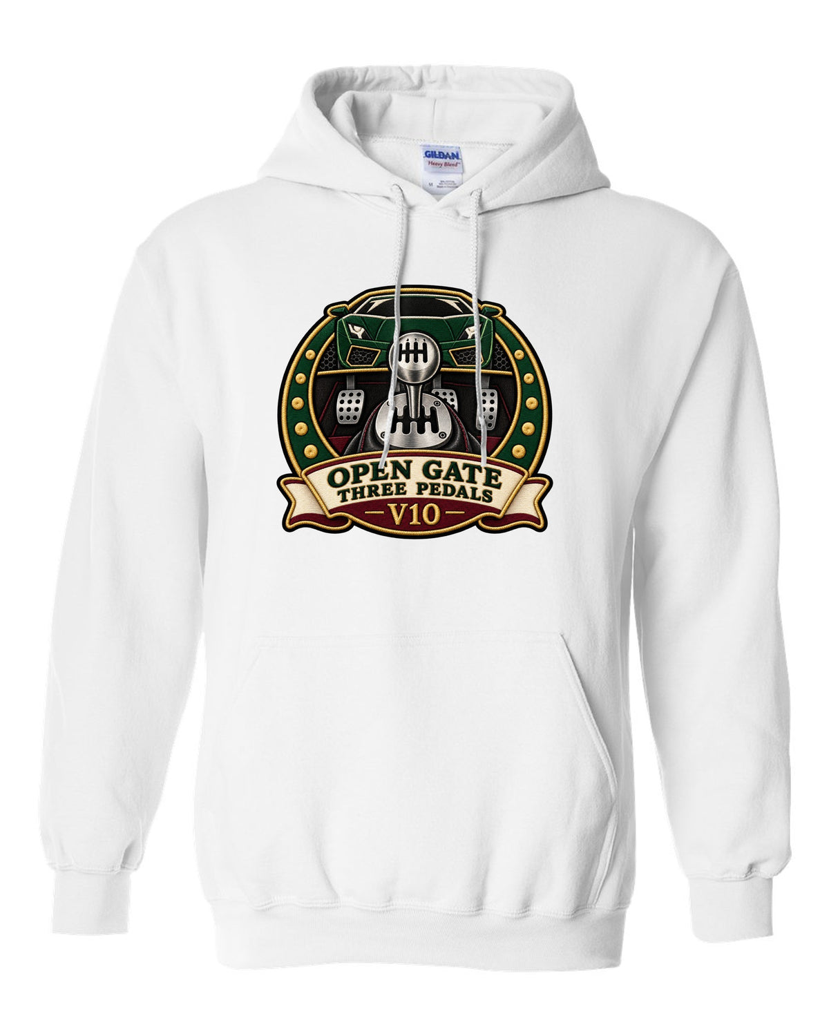 Embroidery-style crest of a 2004 Lamborghini Gallardo gated six-speed with open gate text white pull over hoodie front view with the design