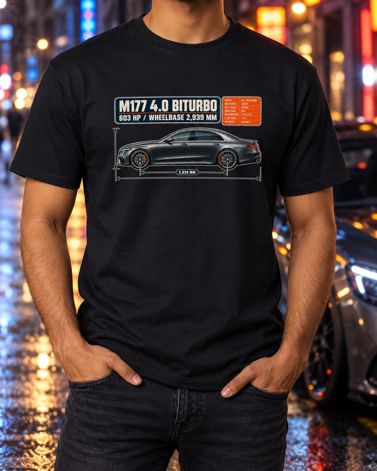 Mercedes-AMG E63 S W213 Dimension Blueprint Shirt, Car Enthusiast Gift T-Shirt Black worn hero