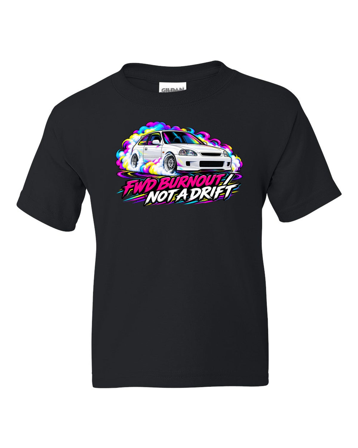 Neon pop style print of a Honda Civic Type R EK9 doing a FWD burnout with not a drift text black kids tee front view with the design