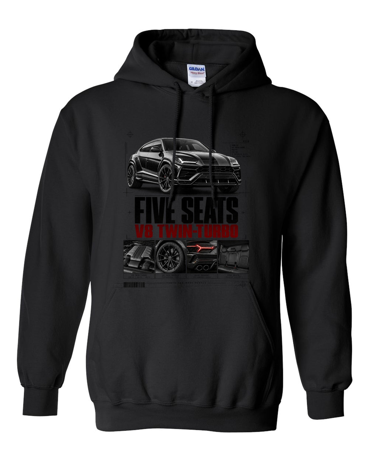 Lamborghini Urus 2018 dossier panel print: five seats, V8 twin-turbo black pull over hoodie front view with the design