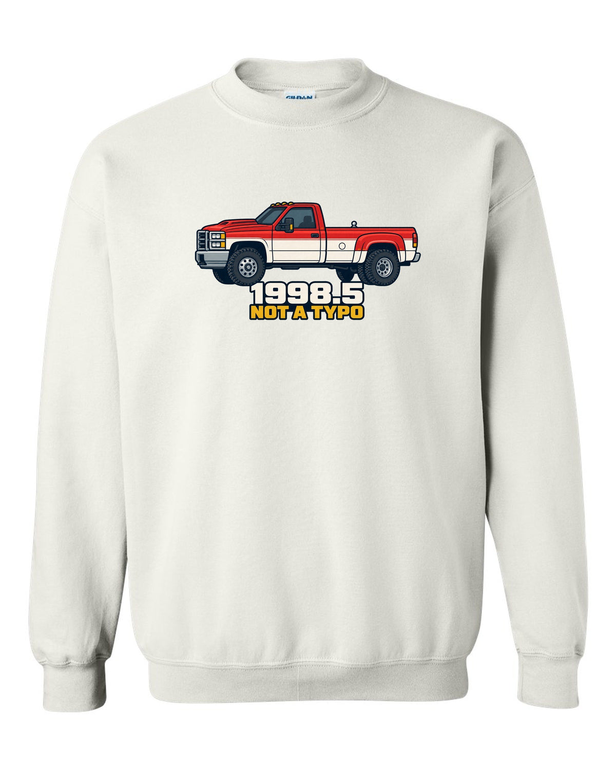 Flat vector poster print of a 1998.5-2002 Ram 2500 24V Cummins with 1998.5 Not A Typo text white crewneck front view with the design