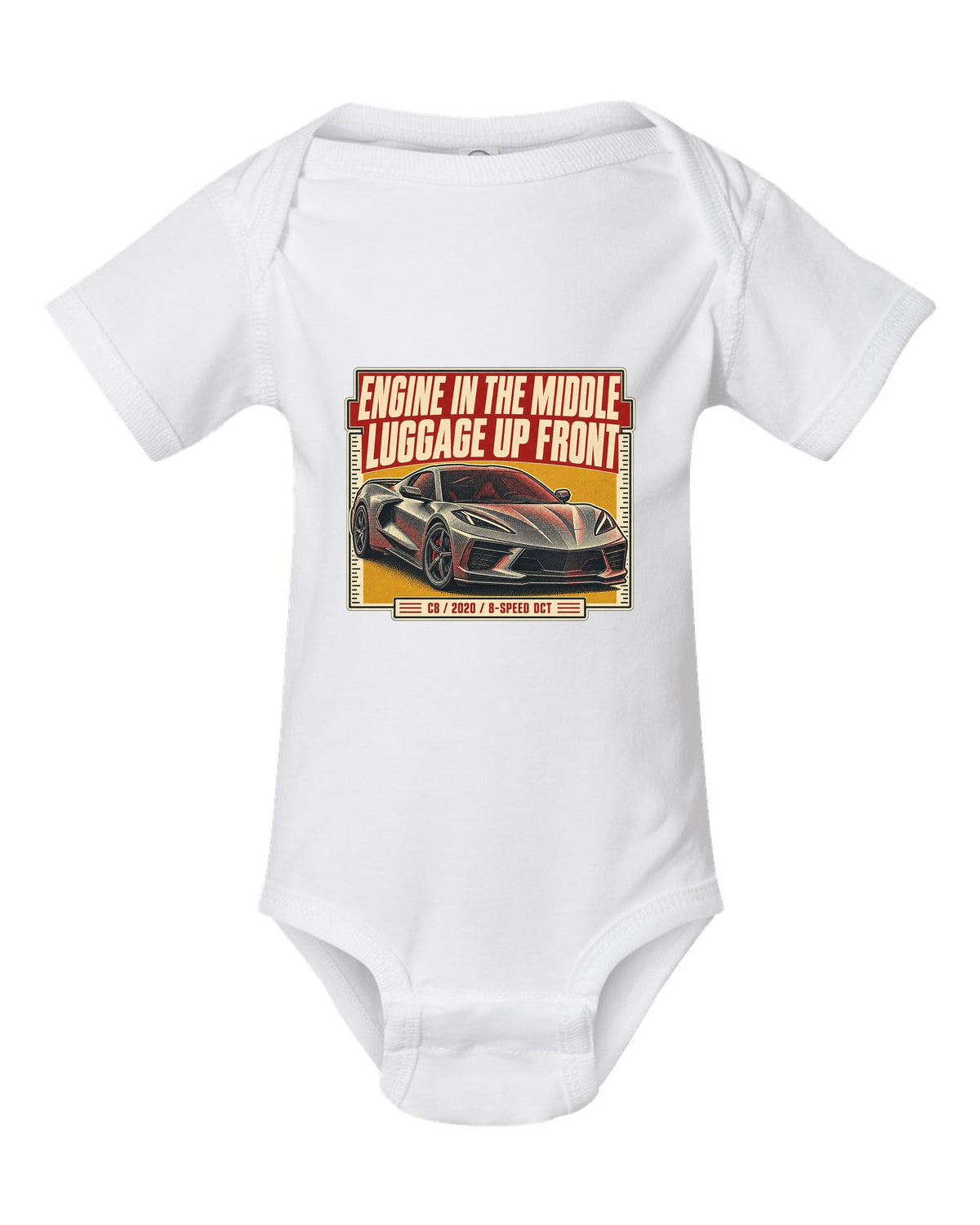 Halftone print of a Chevrolet Corvette C8 Stingray with engine in the middle text white baby onesie front view with the design