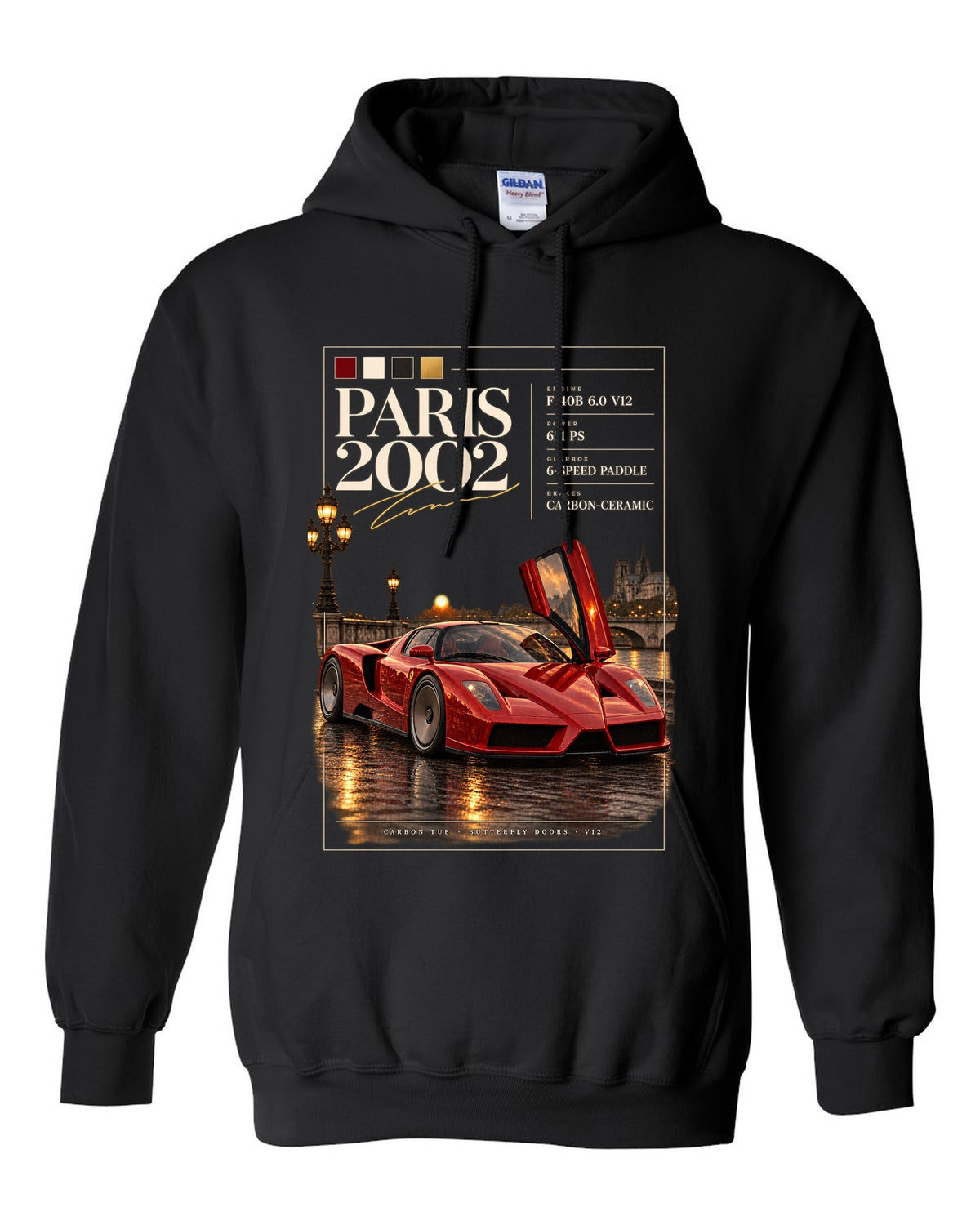 Ferrari Enzo 2002 front three-quarter archive panel print, Paris 2002, F140B V12, 651 PS black pull over hoodie front view with the design
