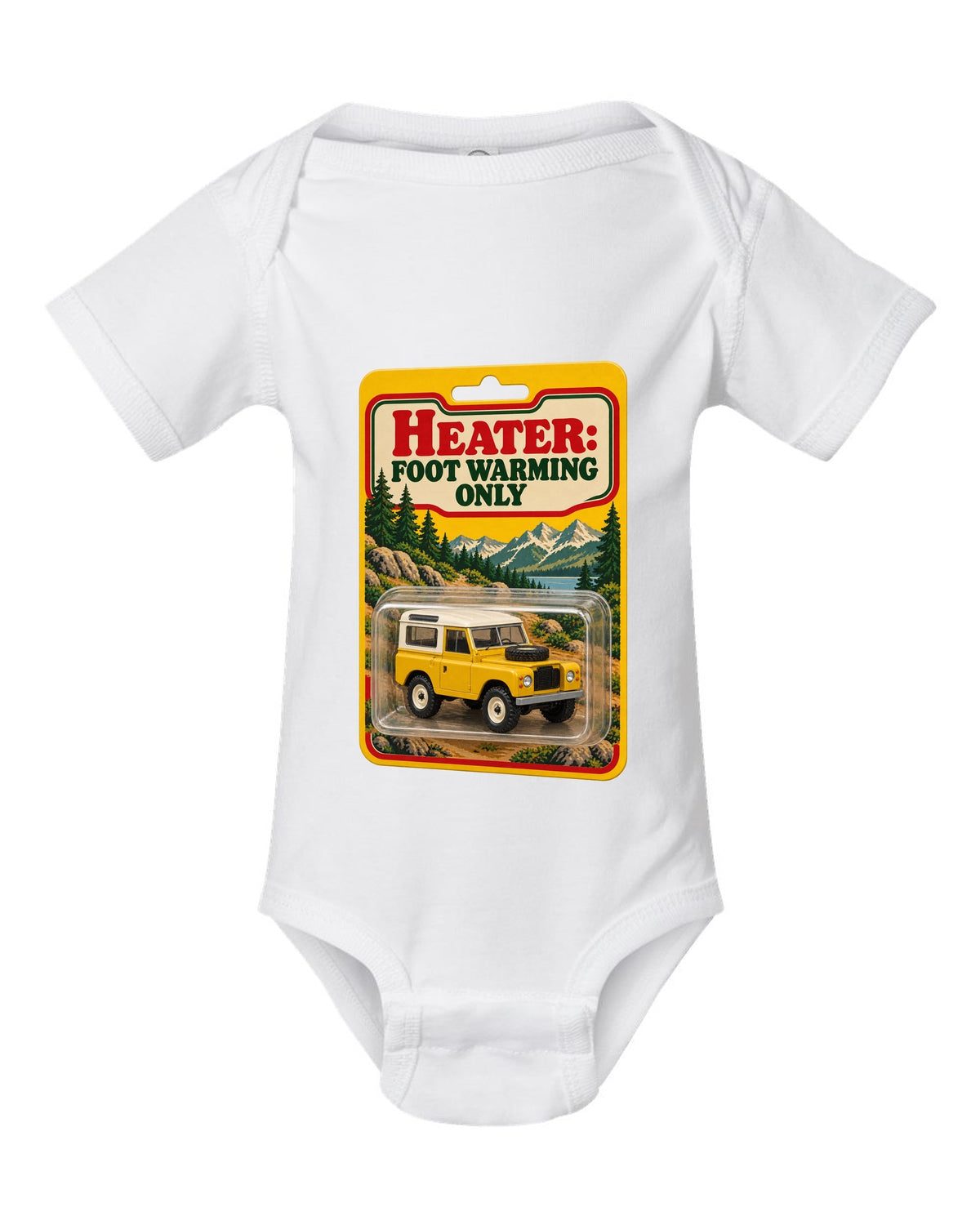 Toy blister card print with a Land Rover Defender 90 and the text Heater Foot Warming Only white baby onesie front view with the design