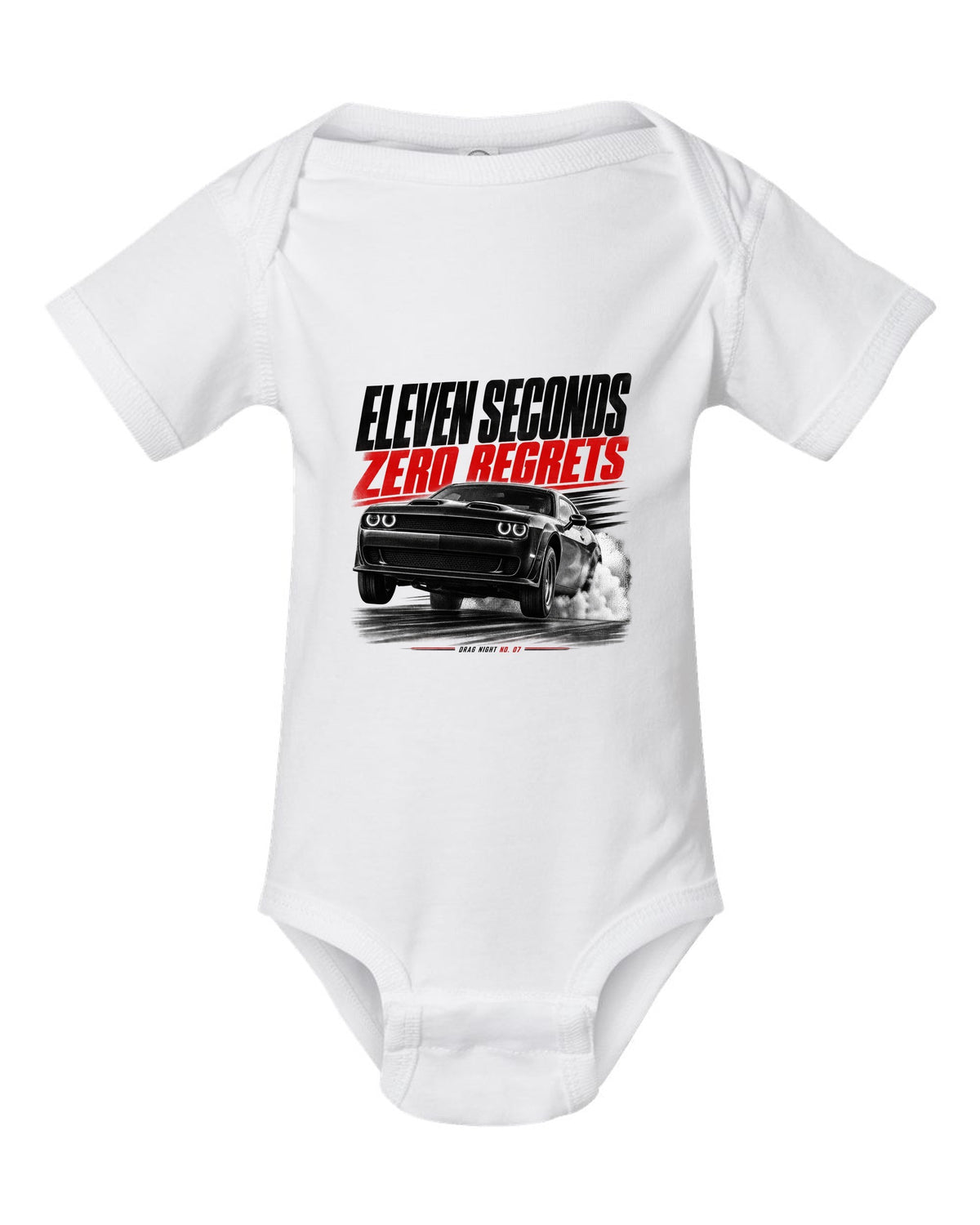 Race poster print of a 2019 Dodge Challenger Hellcat Redeye for Drag Night No. 07 white baby onesie front view with the design