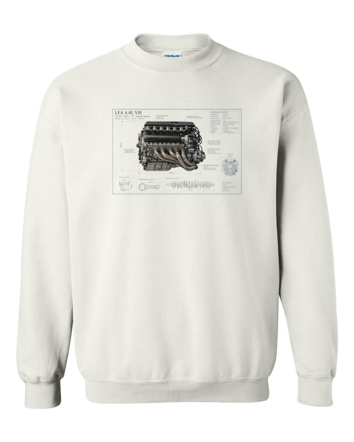 Aero cutaway callouts on the Lexus LFA Nurburgring Package white crewneck front view with the design