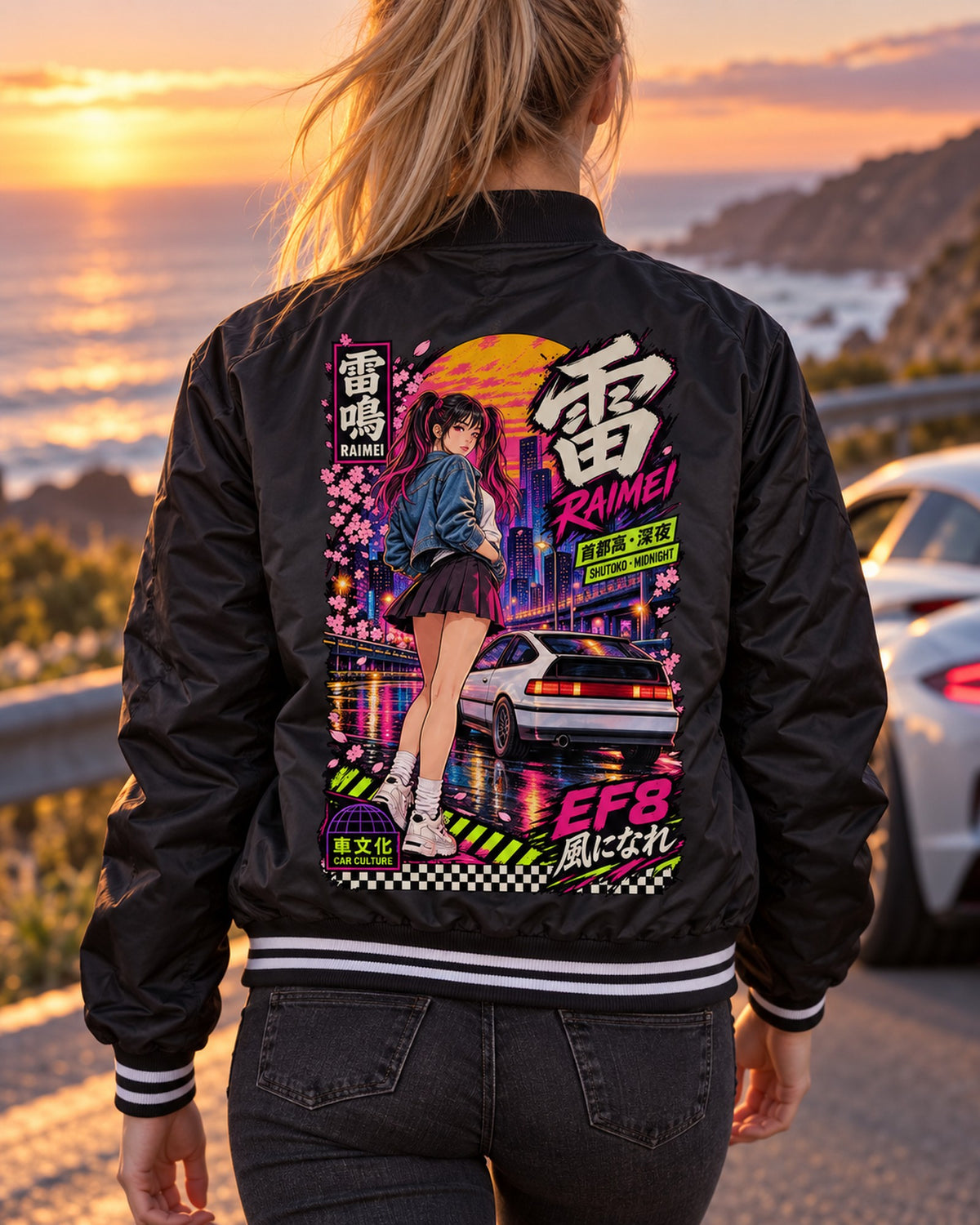 RAIMEI EF8 Anime Girl Full-Back Graphic Tee Bomber Jacket Black worn hero