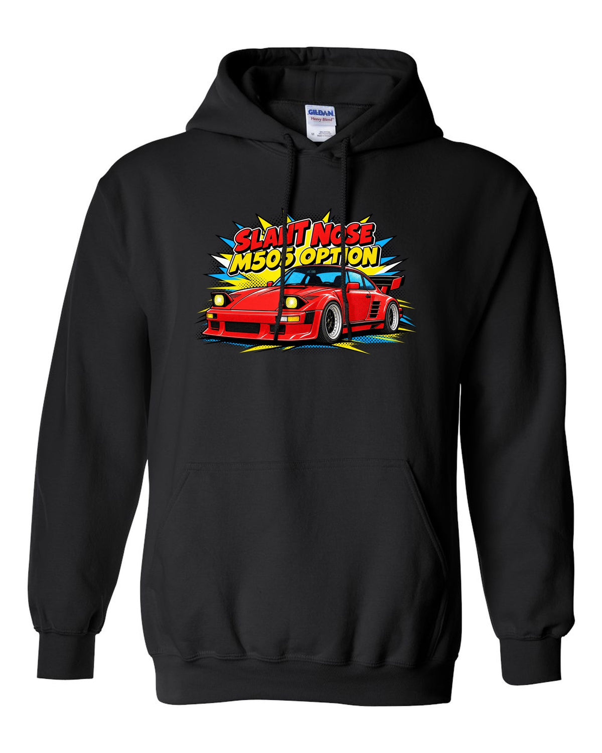 Porsche 930 Slant Nose pop-art halftone design with M505 option lettering black pull over hoodie front view with the design