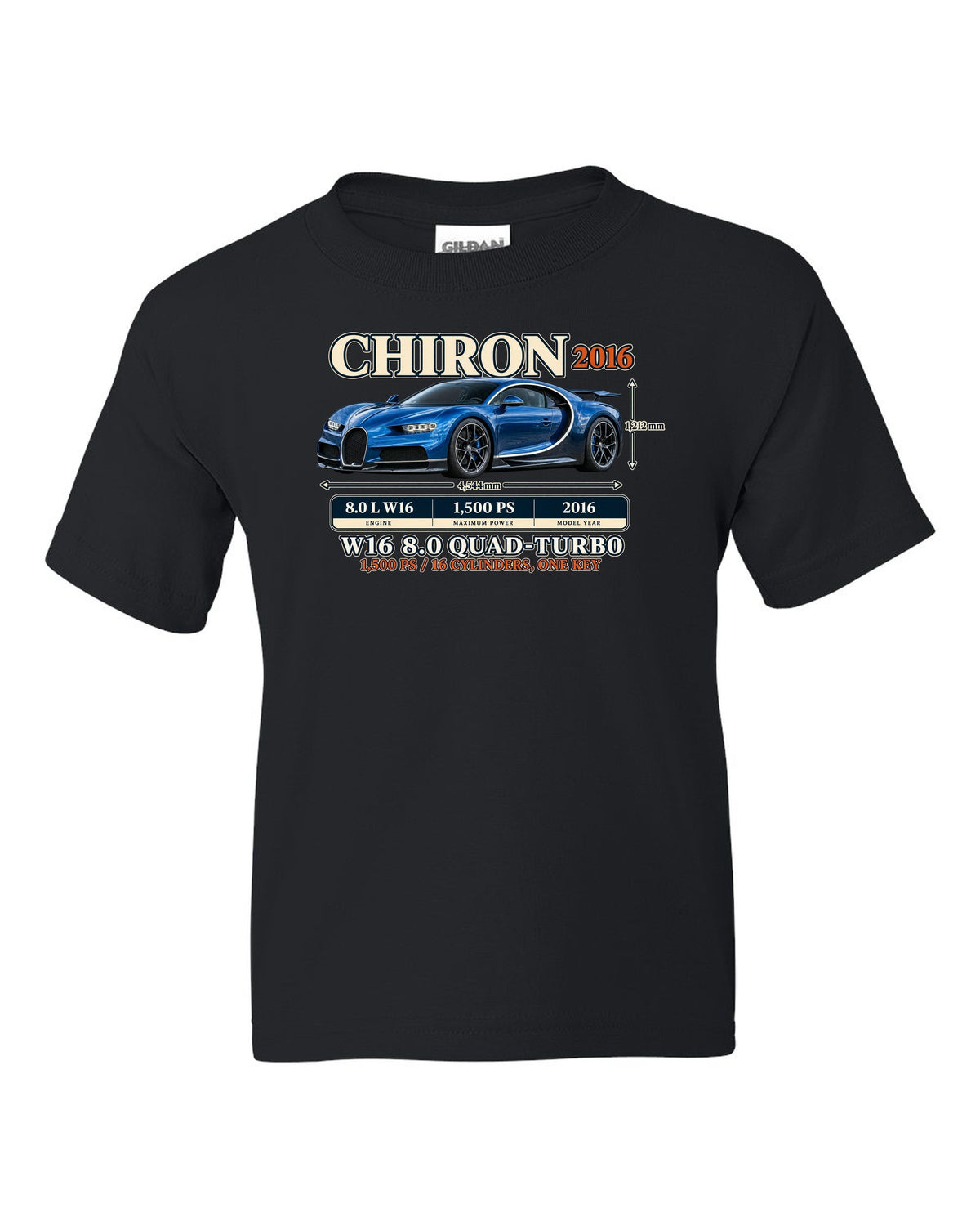 Archive panel print of a steel blue Bugatti Chiron with W16 spec text black kids tee front view with the design