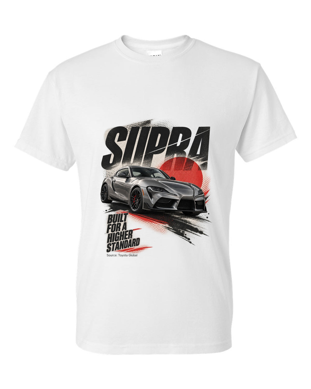 Interior cockpit and gauge view of the Toyota GR Supra A91-MT with rev-match text white t-shirt front view with the design
