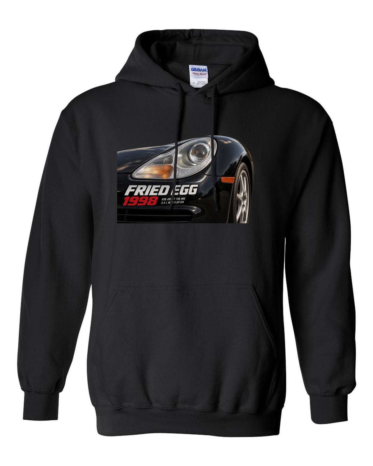 Close-up detail print of the Porsche 911 996 Fried Egg lamp with IMS joke text black pull over hoodie front view with the design