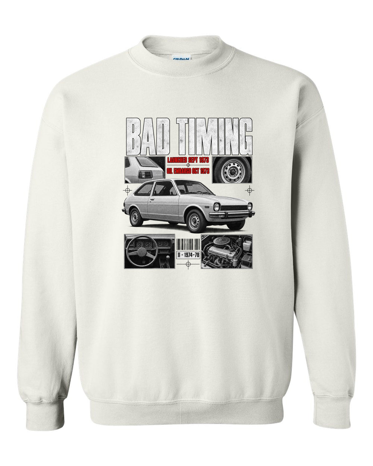 Dossier panel illustration of a 1974 Ford Mustang II chback with bad timing lettering white crewneck front view with the design