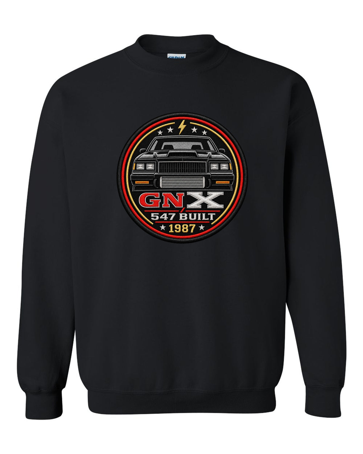 1987 Buick GNX coupe inside a round crest design with 547 built text black crewneck front view with the design