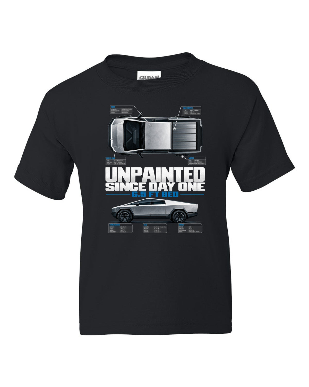 Tesla Cybertruck top-down and profile spec poster with unpainted since day one text black kids tee front view with the design