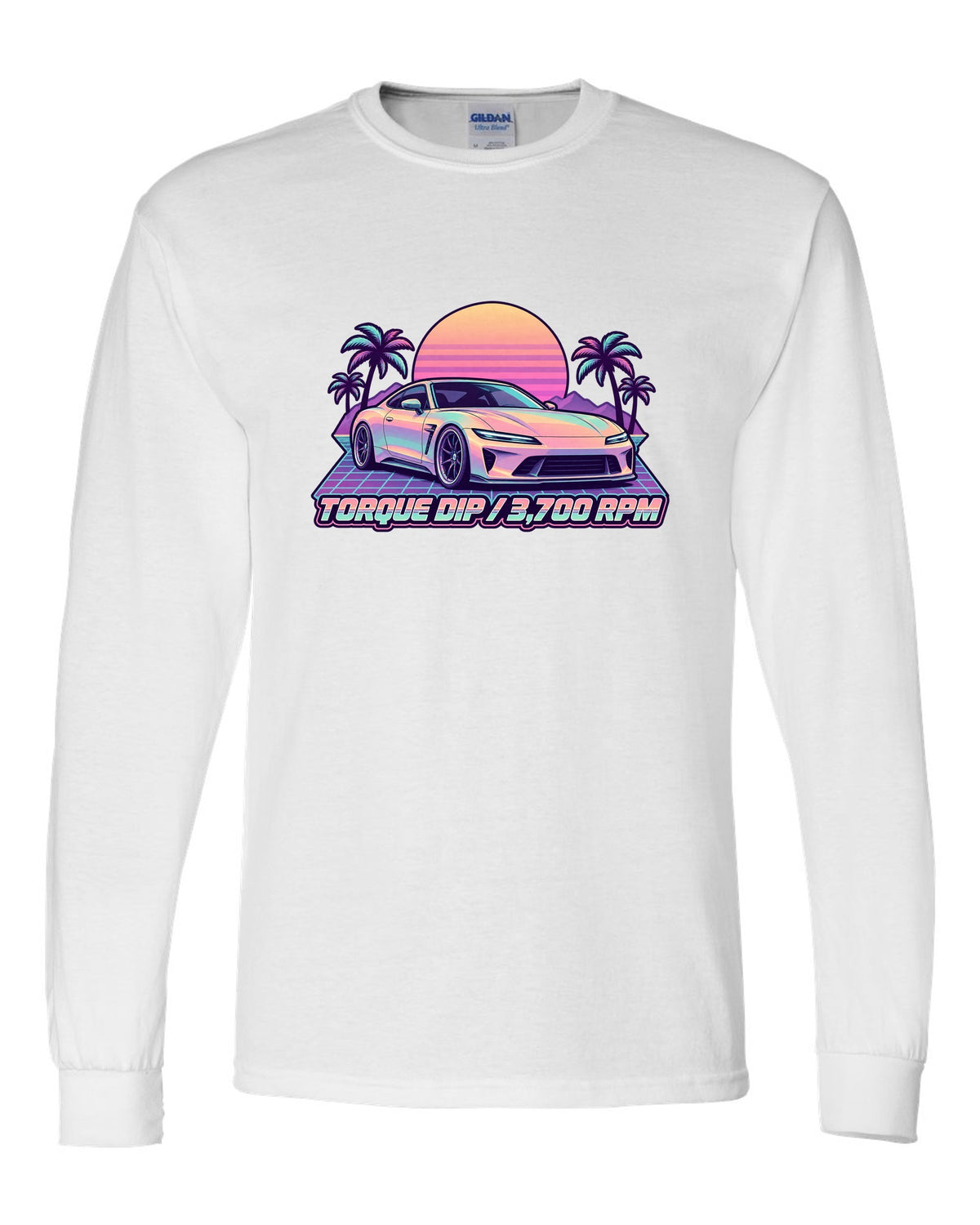 Pastel vaporwave illustration of a Toyota 86 ZN6 with Torque Dip 3,700 RPM lettering white long sleeve front view with the design