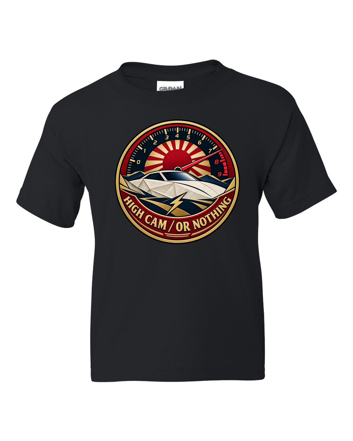Origami-style crest of a Toyota Celica ZZT231 with the words High Cam or Nothing black kids tee front view with the design