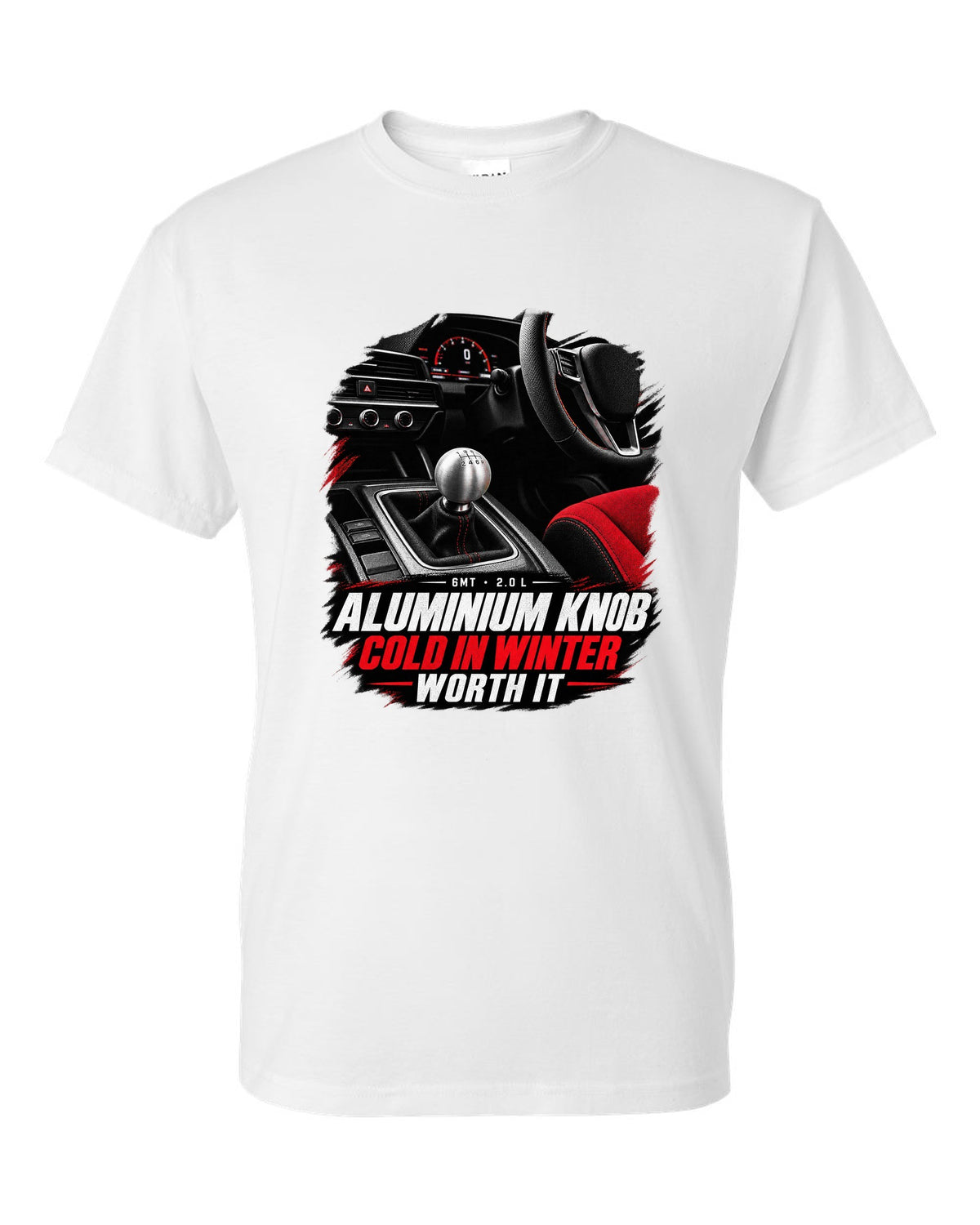 Honda Civic FL5 cockpit gauge design with aluminium shift knob text white t-shirt front view with the design