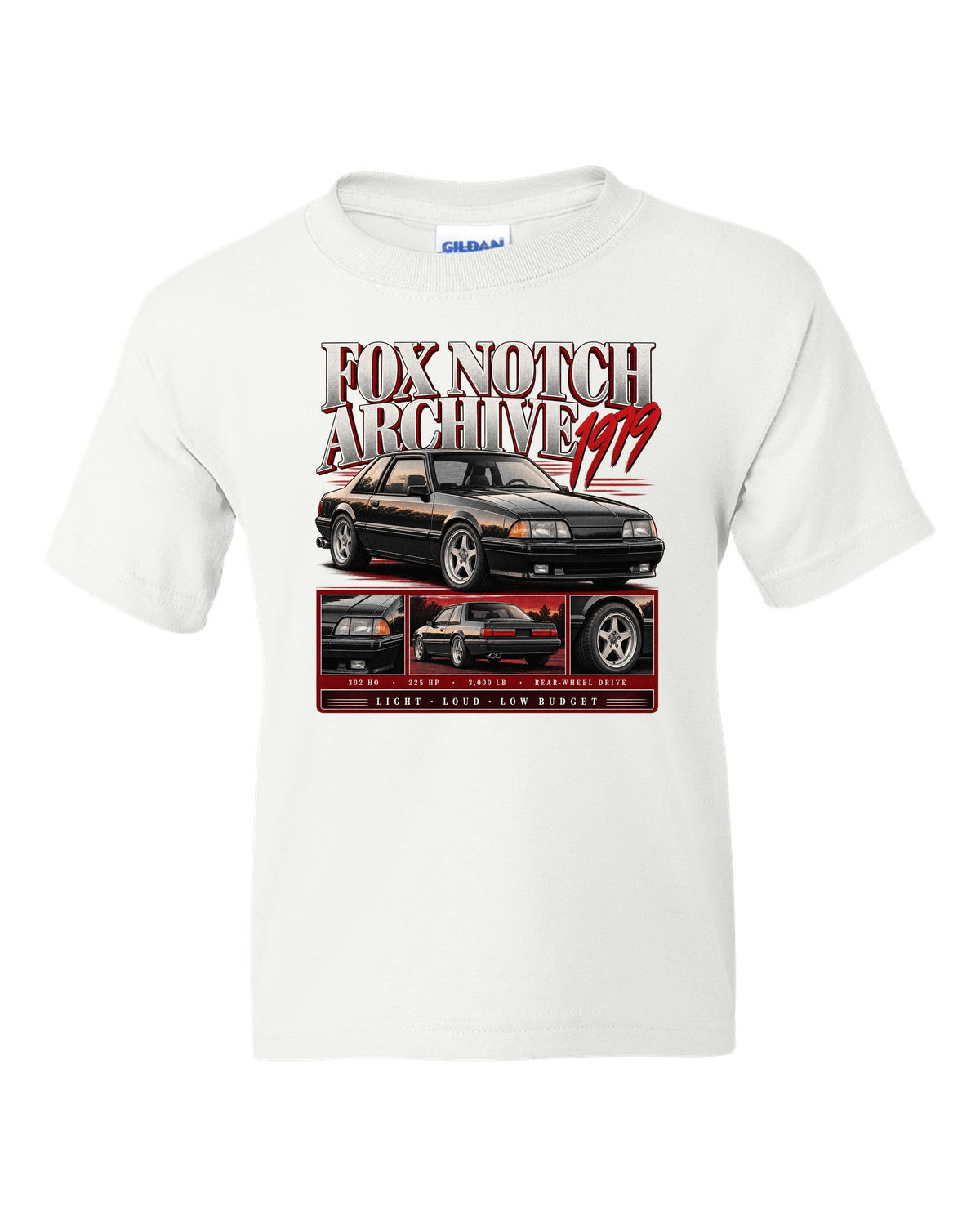 Archive panel print of a Ford Mustang Fox Body notchback coupe with spec lines white kids tee front view with the design