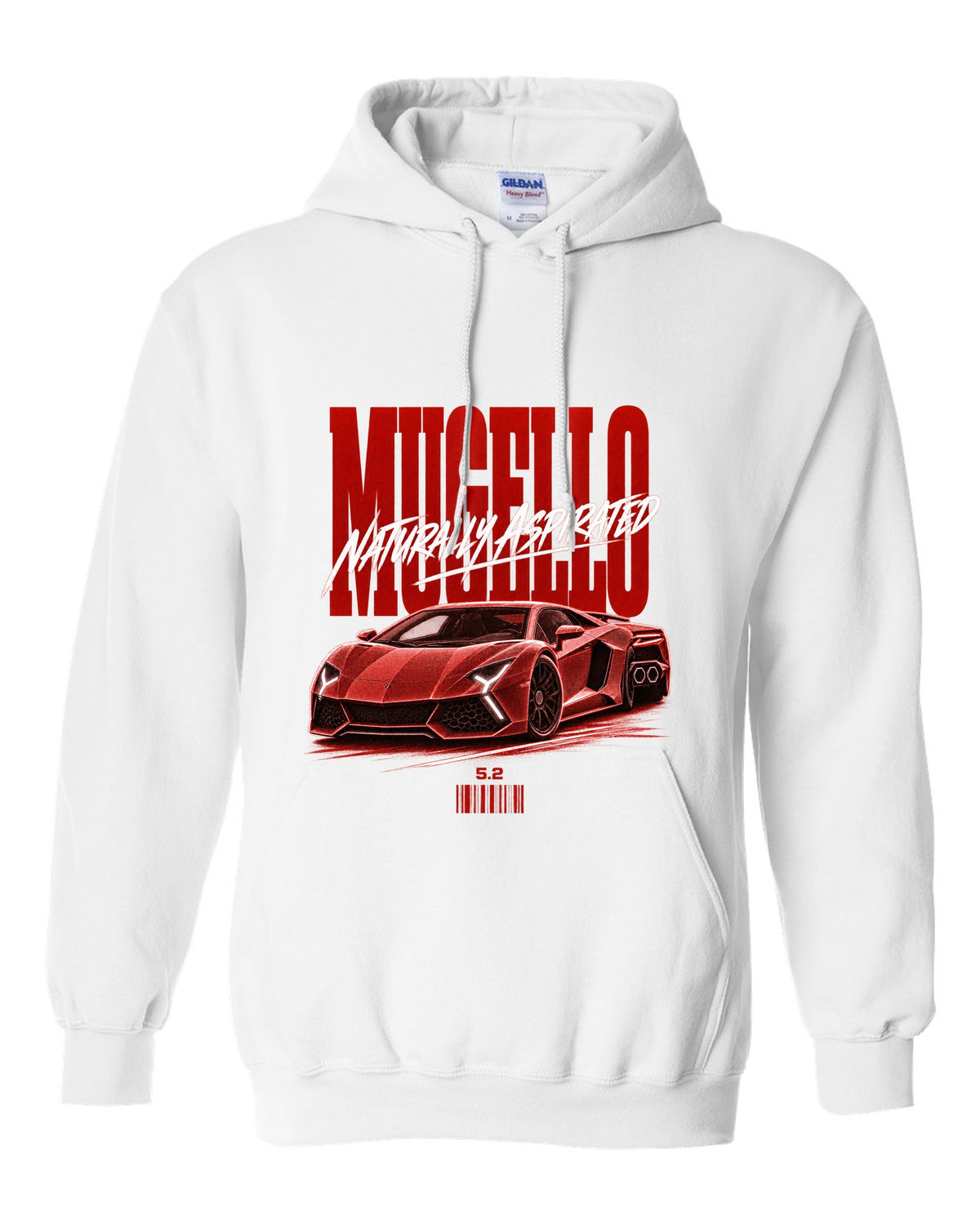 Street poster print of a Lamborghini Huracan Tecnica LP640-2 with Mugello and Naturally Aspirated text white pull over hoodie front view with the design