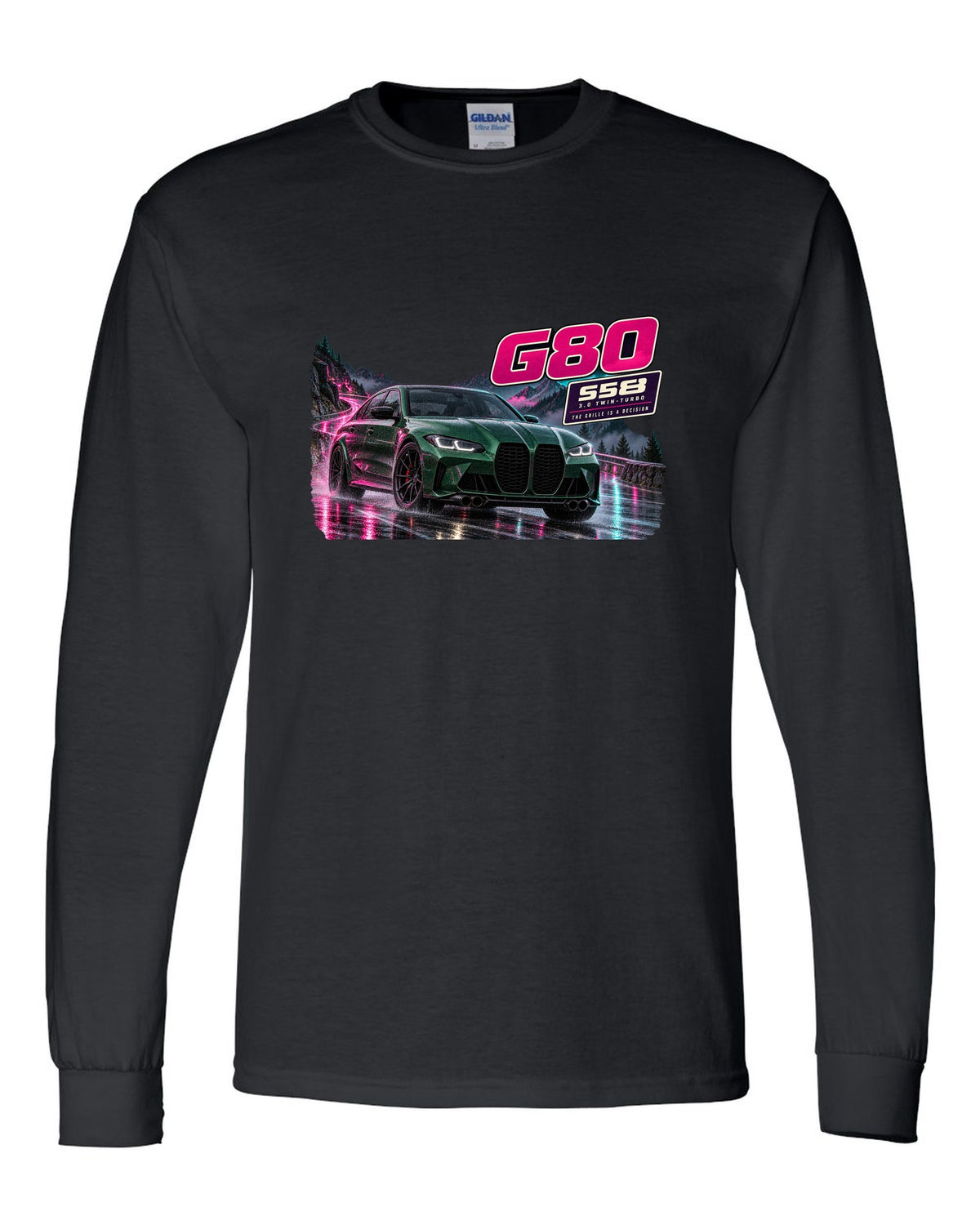 Touge night street print of an Isle of Man green BMW M3 Competition G80 black long sleeve front view with the design
