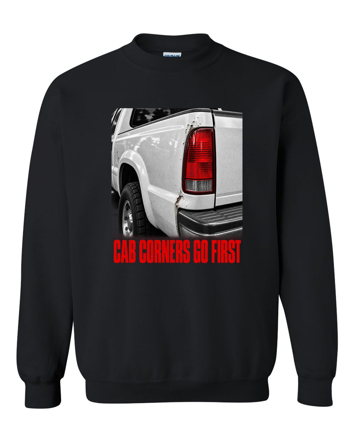 NBS Silverado taillight detail with cab corner rust, print black crewneck front view with the design