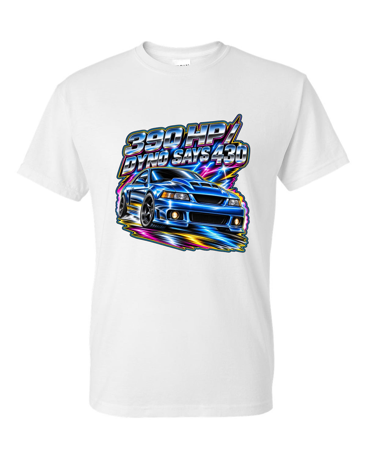 80s airbrush chrome 2003 supercharged Ford Mustang coupe with 390 HP text white t-shirt front view with the design