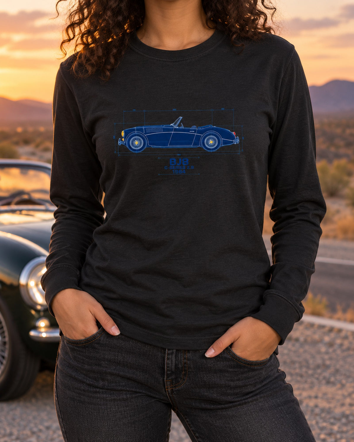 Austin-Healey 3000 Mk III BJ8 Blueprint Tee, Big Healey Long Sleeve Black worn hero