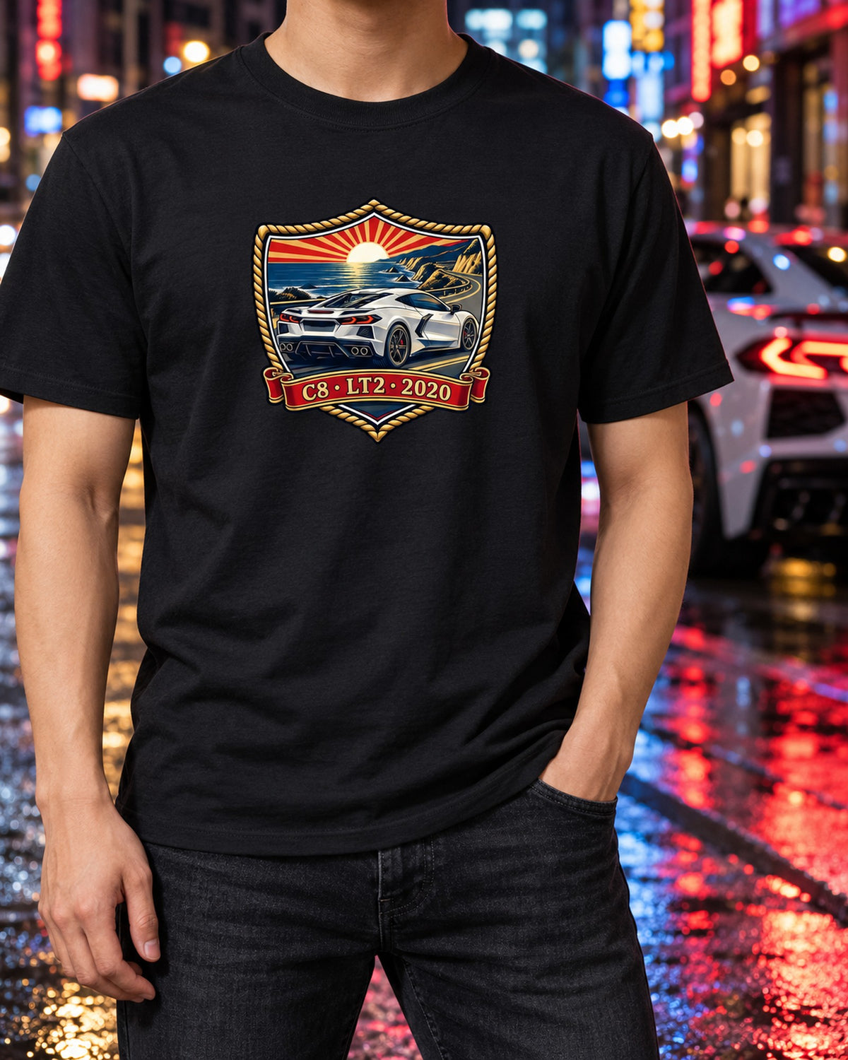 Mid-Engine Corvette C8 Stingray LT2 2020 Shield Crest Shirt T-Shirt Black worn hero