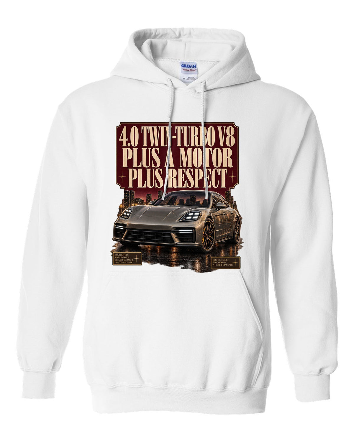 Editorial headline print of a low front three-quarter Porsche Panamera Turbo S E-Hybrid G3 at dusk white pull over hoodie front view with the design