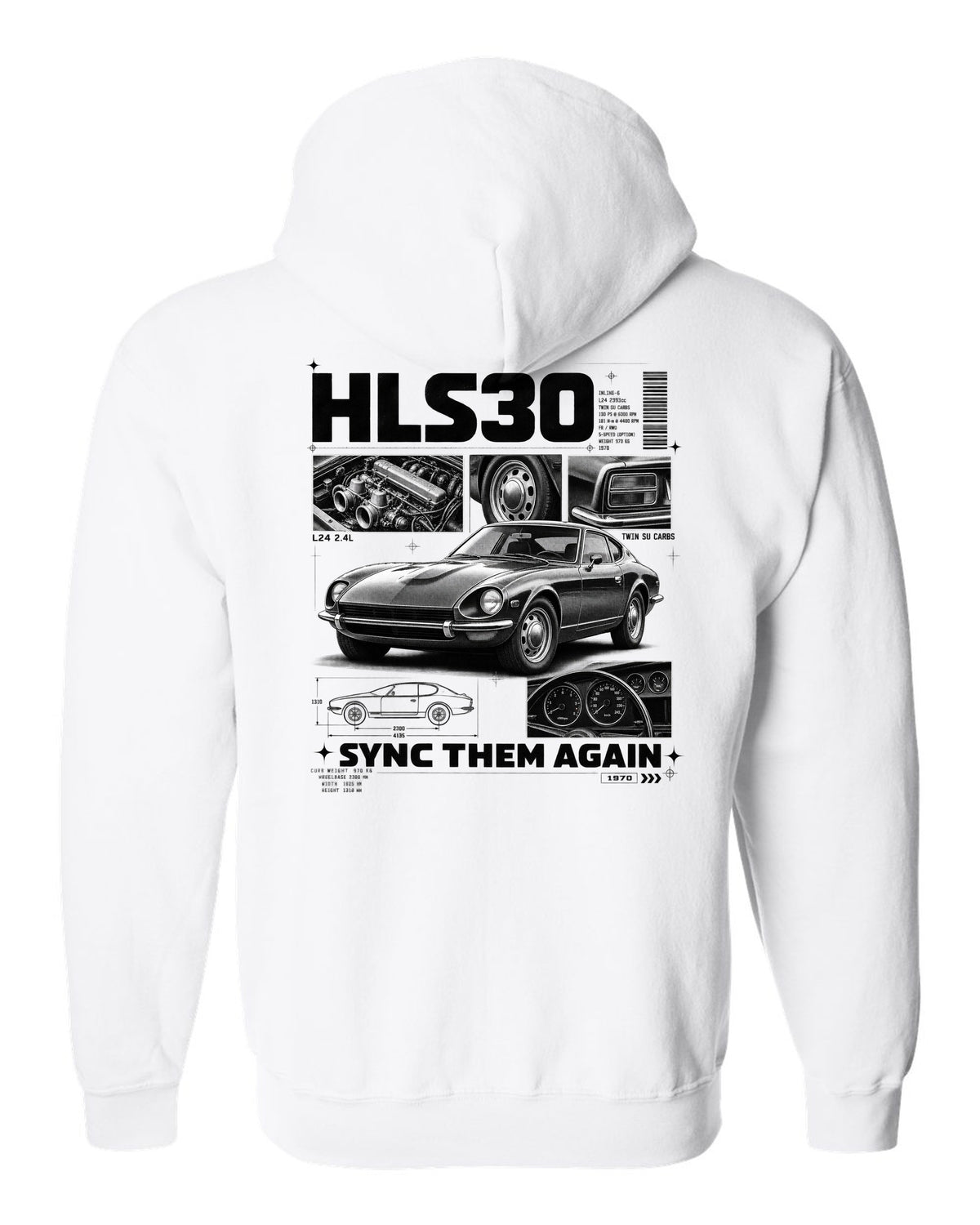 Dossier panel print of a 1970 Datsun 240Z HLS30 with L24 and twin SU carbs text white zip hoodie back view with the design