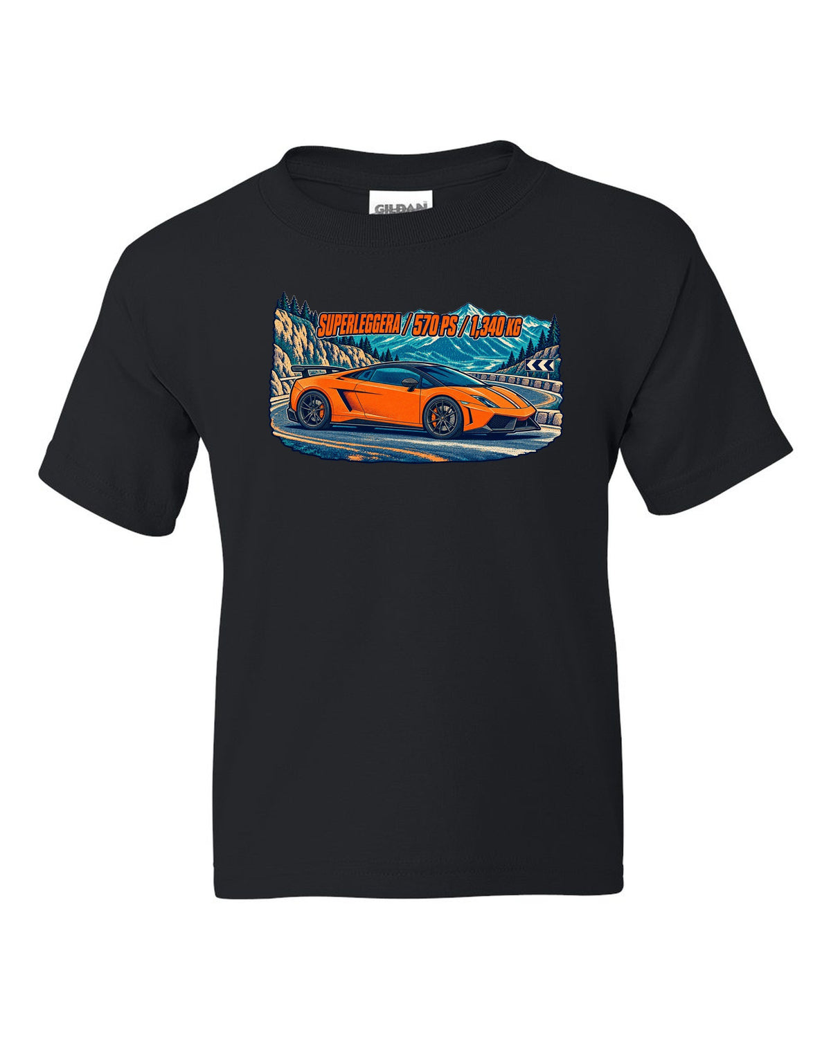Three-colour risograph design of a Lamborghini Gallardo LP570-4 Superleggera on a mountain pass black kids tee front view with the design
