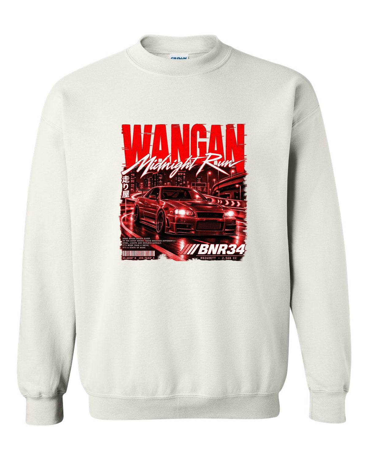 Street poster print of a Nissan Skyline GT-R R34 BNR34 with Wangan Midnight Run text white crewneck front view with the design