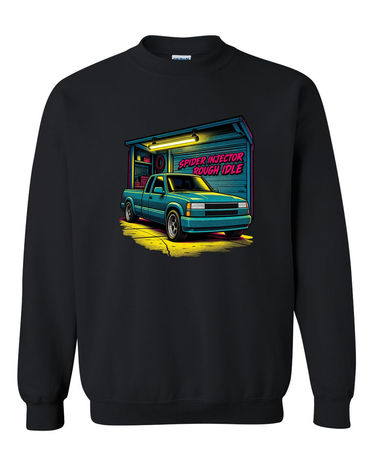 Comic halftone pop-art print of a 1988-98 Chevrolet GMT400 C1500 OBS extended cab with spider injector rough idle lettering black crewneck front view with the design