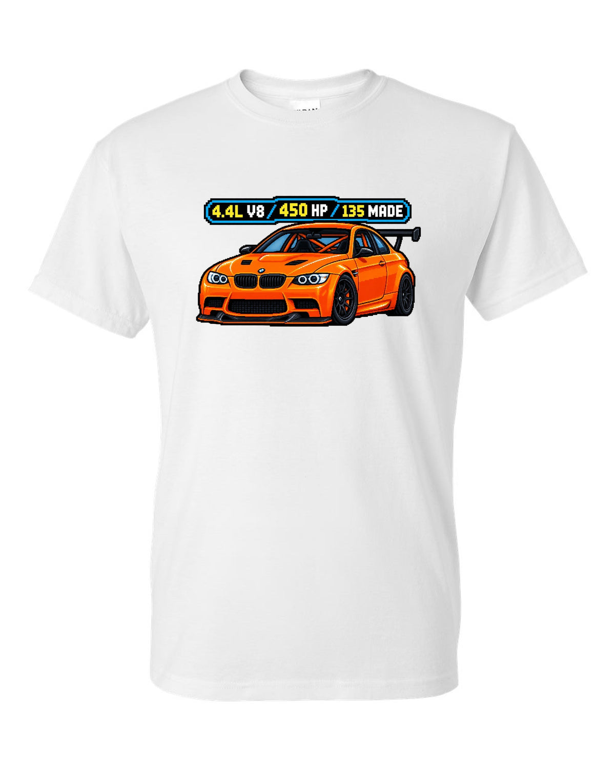 Pixel art print of an orange BMW E92 M3 GTS with 4.4L V8, 450 HP and 135 made text white t-shirt front view with the design