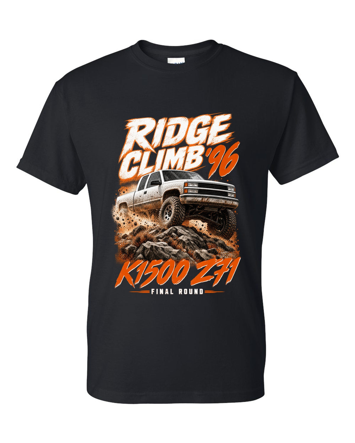 1996 Chevy K1500 Z71 OBS Ridge Climb race poster print black t-shirt front view with the design