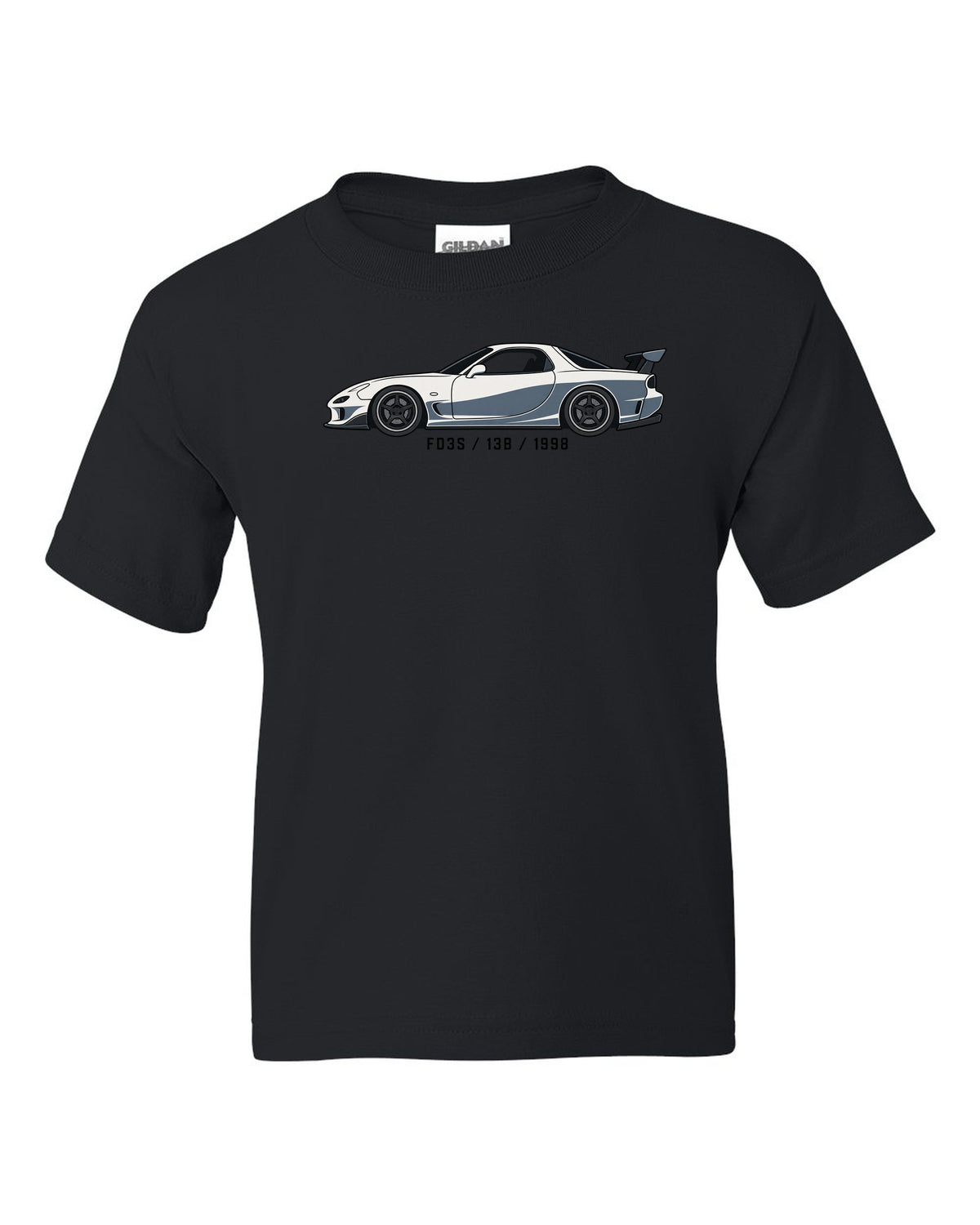 Embroidery-style varsity crest for the Mazda FD3S RX-7 reading TWIN TURBO SEQUENTIAL 1991 black kids tee front view with the design