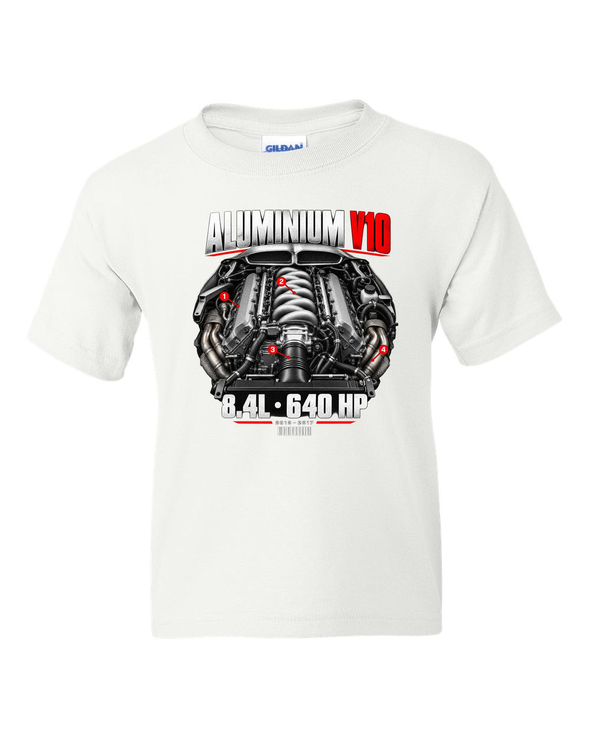 Dodge Viper VX aluminium V10 engine hero print with 8.4L and 640 HP lettering white kids tee front view with the design