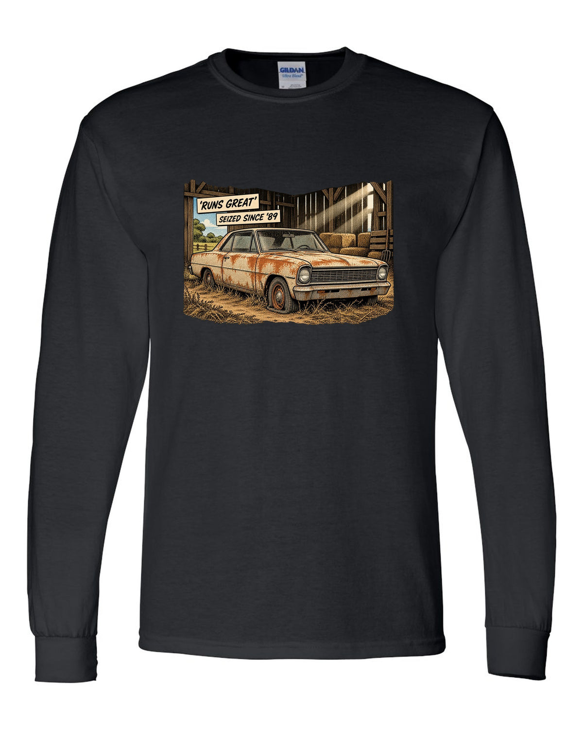 Synthwave print of a 1971 Chevelle SS 454 taillights with the text Runs Great, Seized Since '89 black long sleeve front view with the design