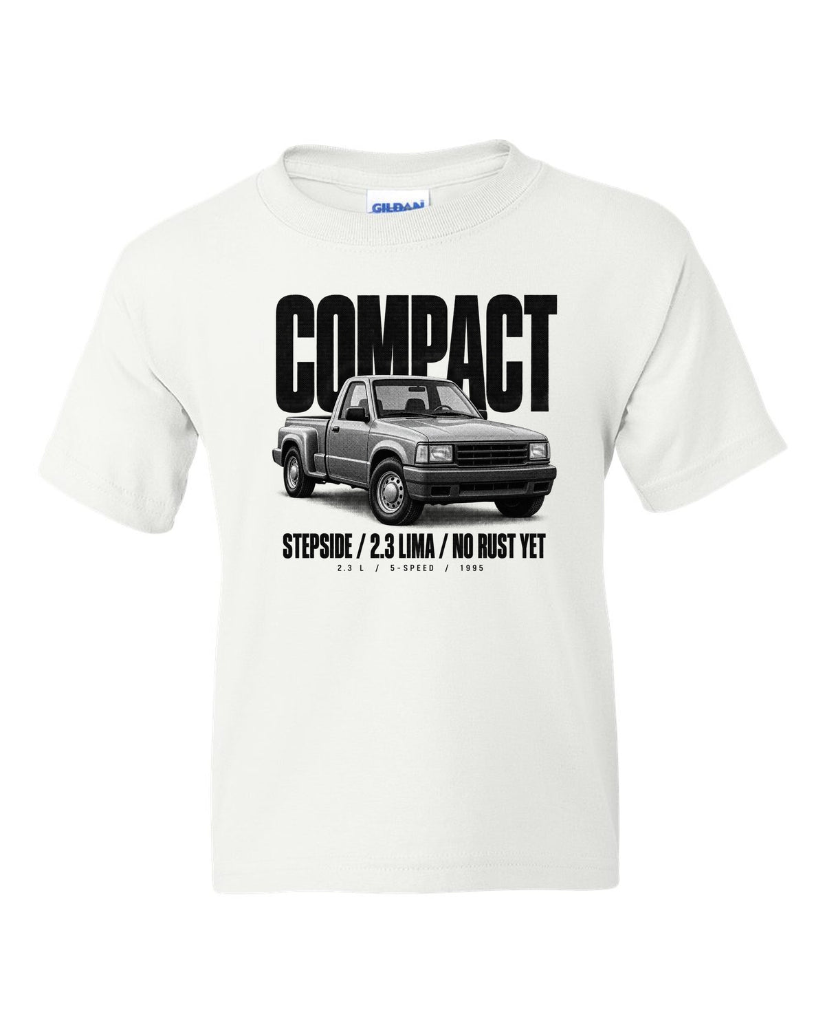 Ford Ranger 1995 stepside halftone print with compact, 2.3 Lima, no rust yet text white kids tee front view with the design