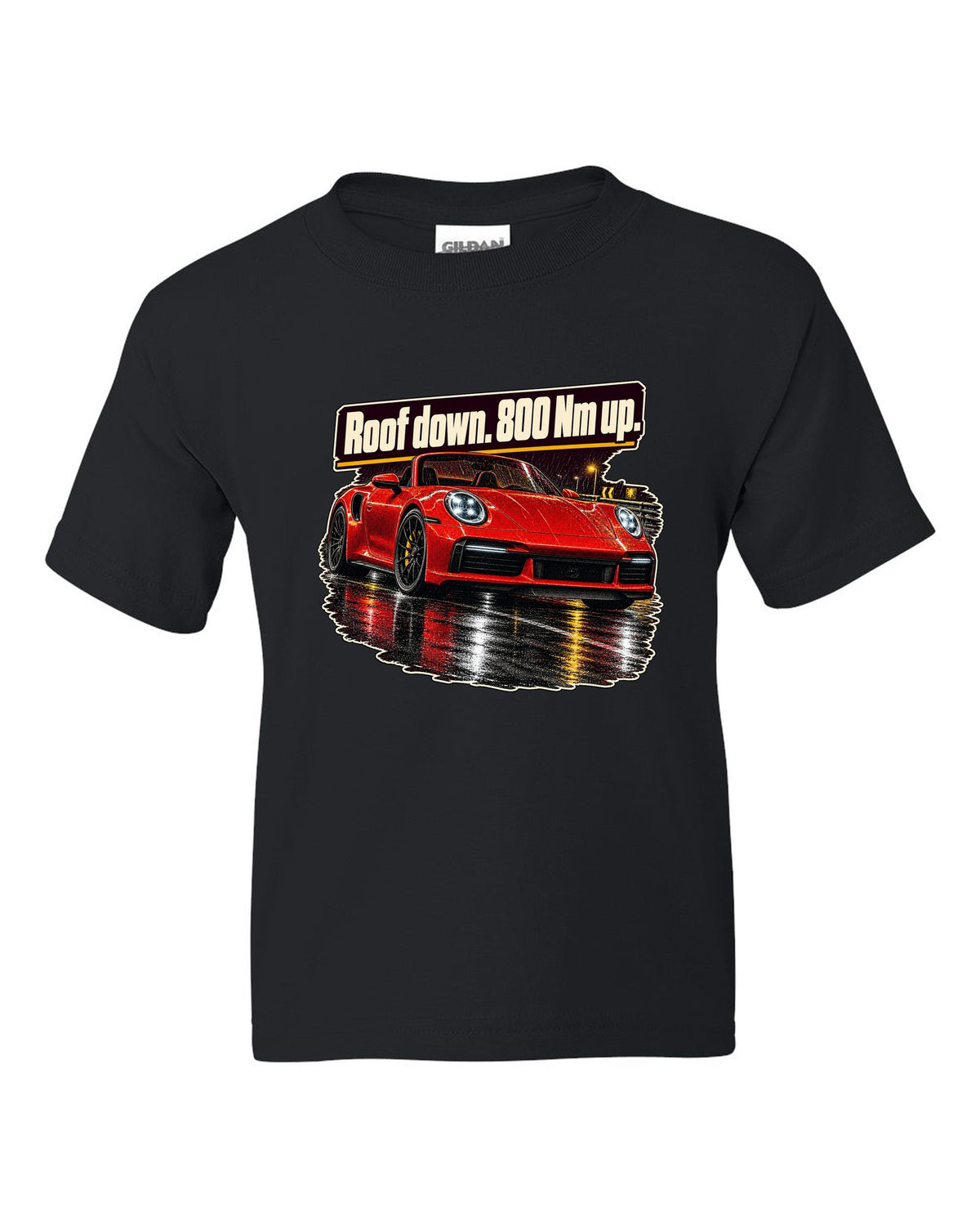 Night street print of a Porsche 992 Turbo S Cabriolet with roof down black kids tee front view with the design