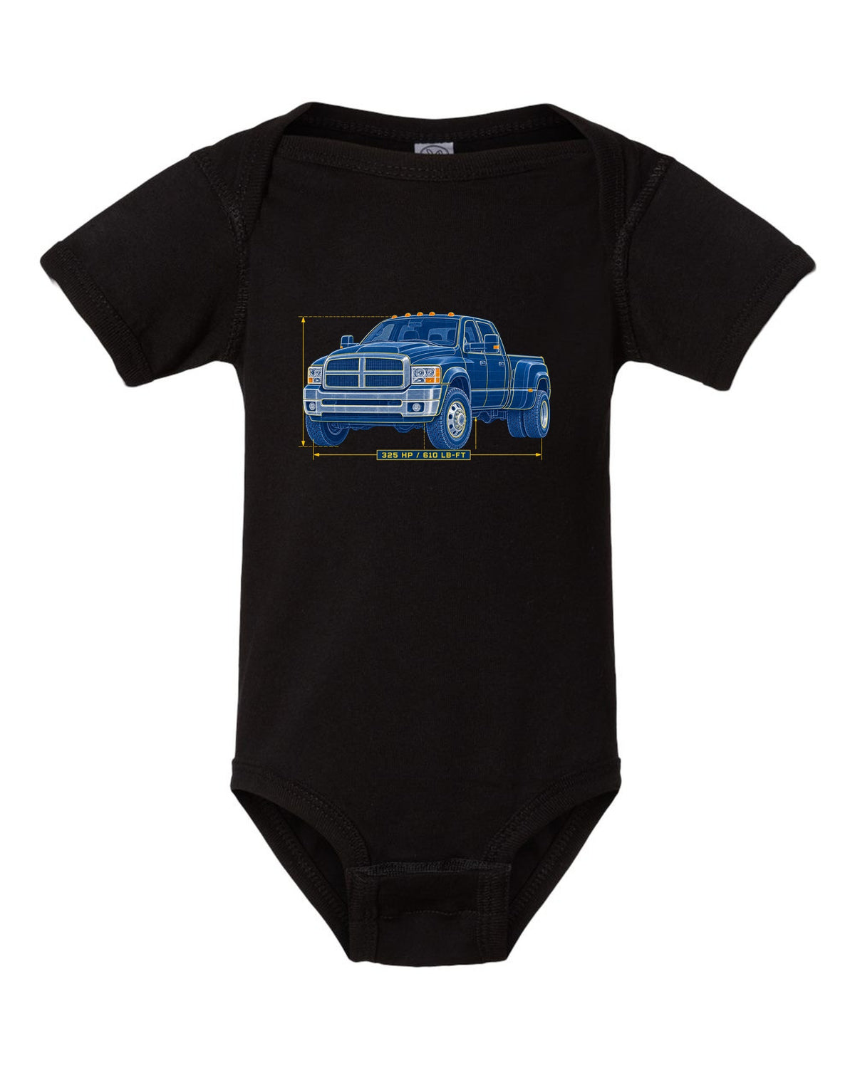 Cyanotype blueprint of a 2003-2009 Dodge Ram 3rd gen 5.9 HO with 325 HP and 610 LB-FT lettering black baby onesie front view with the design