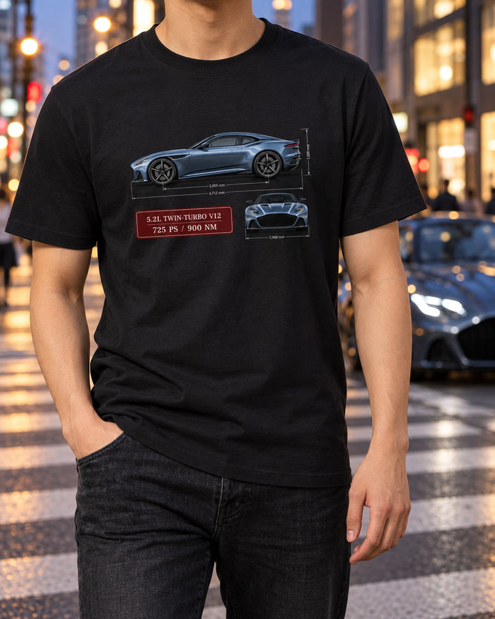 DBS Superleggera Spec Sheet Shirt, Aston Martin 5.2 Twin-Turbo V12 T-Shirt Black worn hero