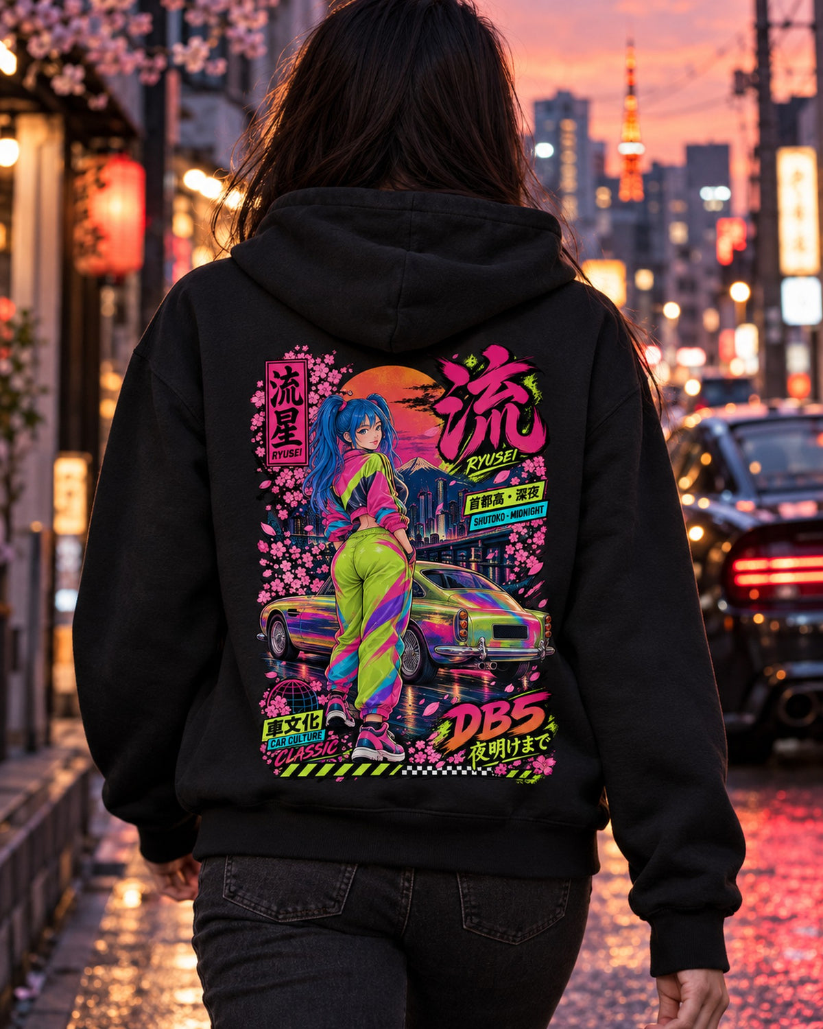 RYUSEI DB5 Anime Girl Full-Back Graphic Tee Pull Over Hoodie Black worn hero